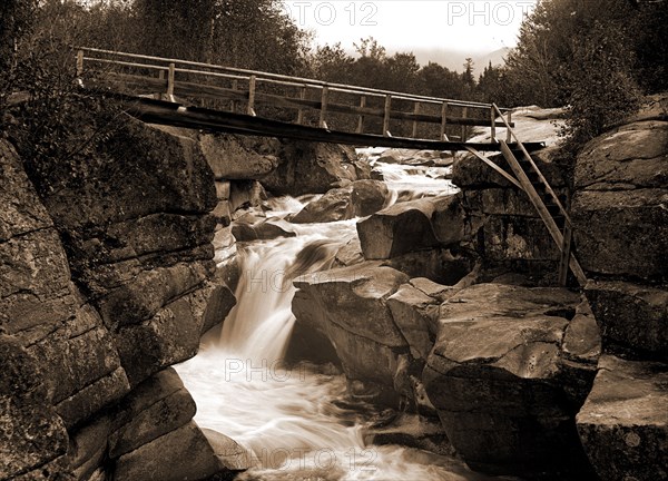 Upper falls of the Ammonoosuc, White Mountains, Pedestrian bridges, Waterfalls, Mountains, Rivers, United States, New Hampshire, Ammonoosuc River, United States, New Hampshire, White Mountains, 1900