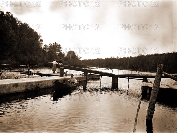 Dam and lock, Saranac River, Adirondack Mtns, N.Y, Jackson, William Henry, 1843-1942, Dams, Locks (Hydraulic engineering), United States, New York (State), Adirondack Mountains, United States, New York (State), Saranac River, 1900