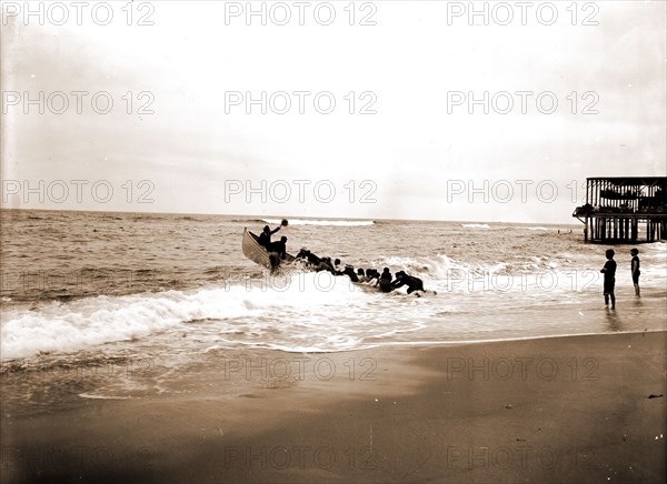 Embarking for fishing schooner, Beaches, Rowboats, United States, New Jersey, Asbury Park, 1903