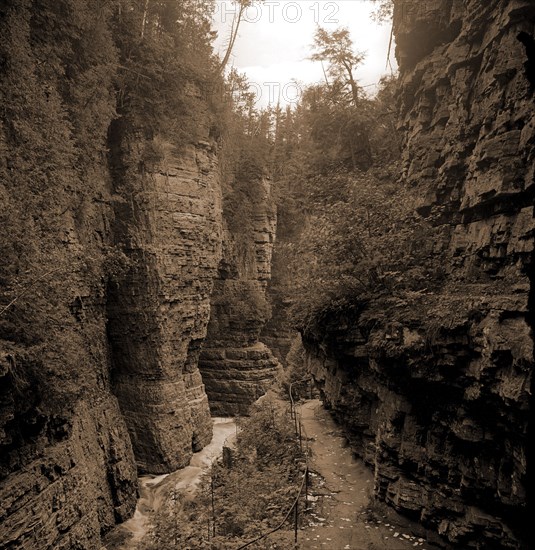 Column Rocks from below, Ausable Chasm, N.Y, Rock formations, Canyons, United States, New York (State), Ausable Chasm, 1900