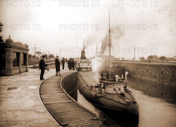 Whaleback Str. Pathfinder in the locks, Sault Ste. Marie, Mich, Pathfinder (Whaleback), Locks (Hydraulic engineering), United States, Michigan, Sault Sainte Marie, 1905