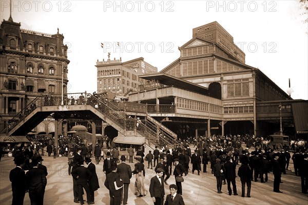 Manhattan entrance to Brooklyn Bridge, New York, Elevated railroads, Railroad stations, City & town life, United States, New York (State), New York, 1905