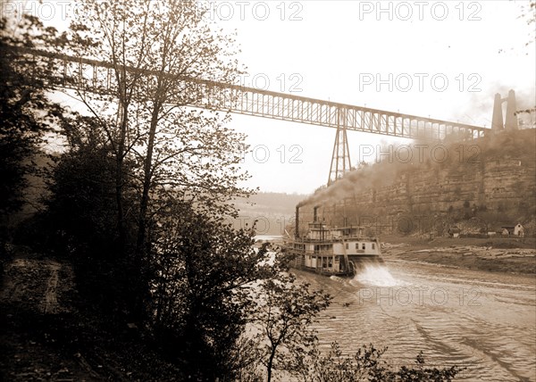 Str. Falls City passing High Bridge, Ky, Falls City (Stern wheeler), Stern wheelers, Railroad bridges, Rivers, United States, Kentucky, High Bridge, United States, Kentucky, Kentucky River, 1907