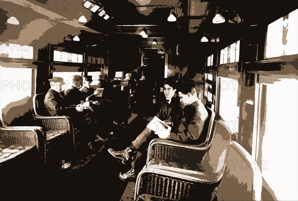 Buffet library car on a deluxe overland limited train, Railroad dining cars, Reading, Passengers, 1910