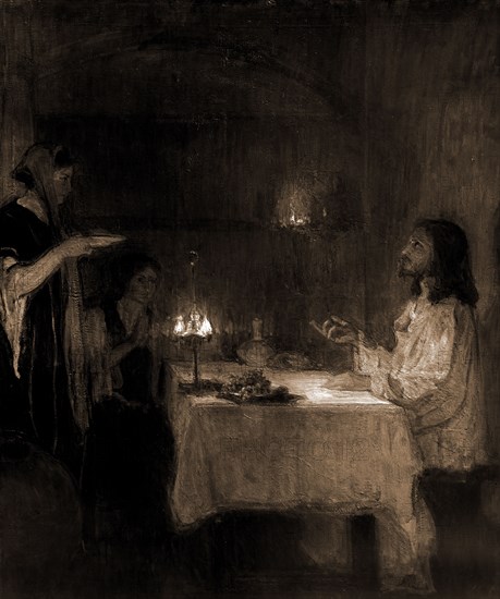 Christ in the home of Mary and Martha, Tanner, Henry Ossawa, 1859-1937, Jesus Christ, Mary, of Bethany, Saint, Martha, Saint, Interiors, Dwellings, Biblical events, 1900