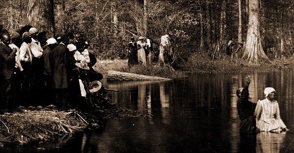 A Southern baptism, African Americans, Spiritual life, Waterfronts, Baptisms, United States, South Carolina, Aiken, 1900