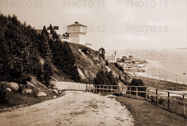 Old Block House Fort Mackinac and harbor, Mackinac Island, Michigan, Blockhouses, United States, Michigan, Mackinac Island, 1899