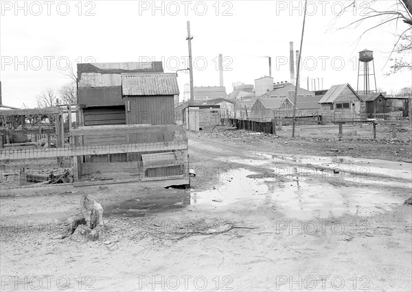 Millville, New Jersey - Scenes. A view of Whitall Tatum Company houses. Yards looking from Myrtle St. to upper Whitall Tatum plant. Emphasis on lack of sanitation and poor road facilities, 1936, Lewis Hine, 1874 - 1940, was an American photographer, who used his camera as a tool for social reform. US,USA
