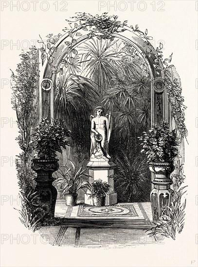 In the Winter Garden. Statue of Hymen, Byrtrom, Somerleyton, UK, England, engraving 1870s, Britain