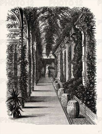 In the Winter Garden. Statue, Hautmann, Somerleyton, UK, England, engraving 1870s, Britain