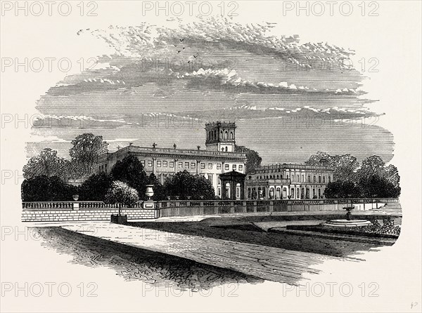 The South Front, with Grecian Tempe, Trentham, UK, England, engraving 1870s, Britain