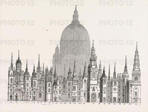 Parallel principal Towers Steeples built Sir Christopher Wren, London, England, engraving 19th century, Britain, UK