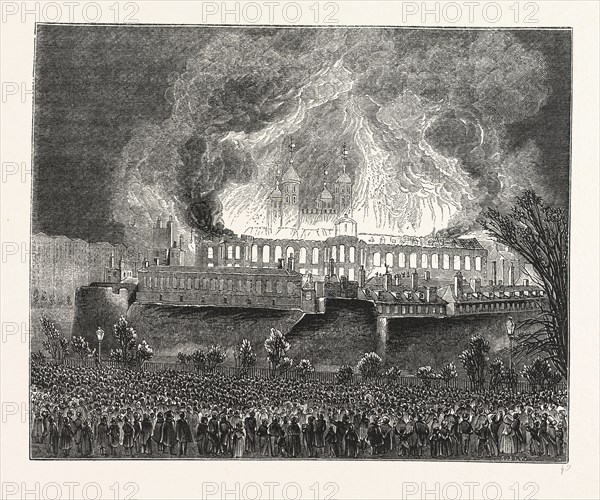 Burning Great Storehouse, London, England, engraving 19th century, Britain, UK