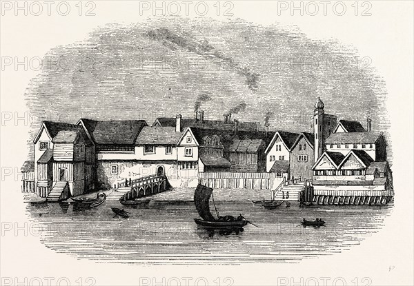 Wharf German Merchants Steel-yard Thames Street, From Hollar's print 1641, London, England, engraving 19th century, Britain, UK