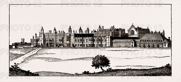 HAMPTON COURT, AS FINISHED BY KING HENRY VIII, from a Drawing by Rollar, Engraved by J. Pye, UK, engraving 1881 - 1884