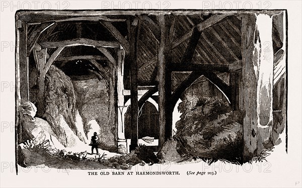 The old barn at Harmondsworth, UK, engraving 1881 - 1884