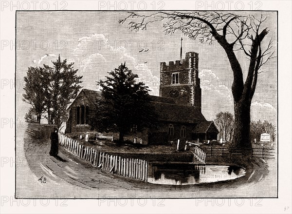 BUSHEY CHURCH, UK, engraving 1881 - 1884