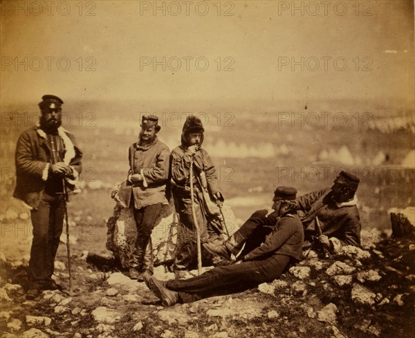 Officers of the 89th Regiment at Cathcart's Hill, in winter dress, Captain Skynner, Lieutenant Knatchbull, Captain Conyers, Lieutenant Longfield, Captain Hawley, Crimean War, 1853-1856, Roger Fenton historic war campaign photo