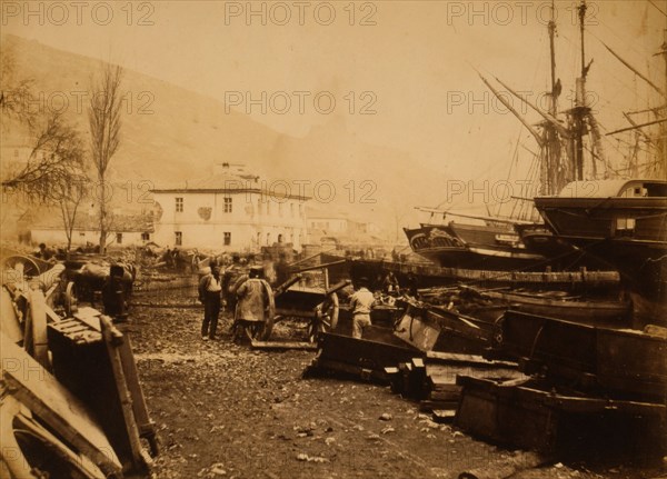 Landing place, Ordnance Wharf, Balaklava, Genoese Castle, Crimean War, 1853-1856, Roger Fenton historic war campaign photo