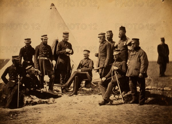 Lieutenant General Pennefather, & Captain Wing, Captain Layard, Captain Ellison, Colonel Wilbraham, Colonel Percy Herbert, Major Thackwell & Dr. Wood, officers of his staff, Crimean War, 1853-1856, Roger Fenton historic war campaign photo