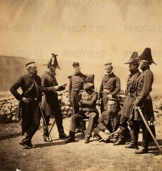 Lieutenant General Sir George Brown G.C.B. & officers of his staff Major Hallewell, Colonel Brownrigg, orderly, Colonel Airey, Captain Pearson, Captain Markham, Captain Ponsonby., Crimean War, 1853-1856, Roger Fenton historic war campaign photo