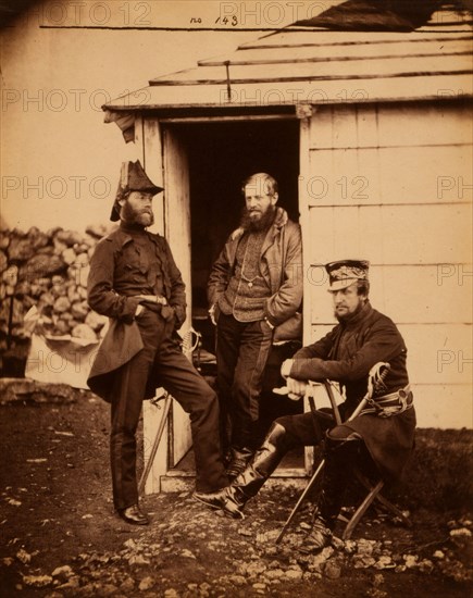 Captain Ponsonby, Captain Pearson & Captain Markham, on the staff of Sir George Brown, Crimean War, 1853-1856, Roger Fenton historic war campaign photo