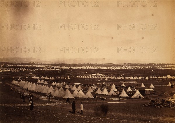 Looking towards Mackenzie's Heights, tents of the 33rd Regiment in the foreground, Crimean War, 1853-1856, Roger Fenton historic war campaign photo