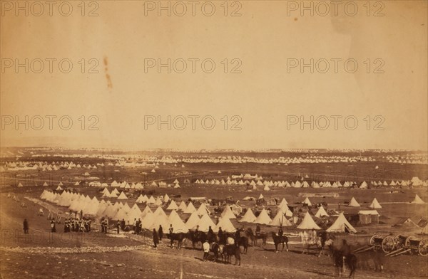 Looking towards Mackenzie's Heights, tents of the 33rd Regiment in the foreground, Crimean War, 1853-1856, Roger Fenton historic war campaign photo