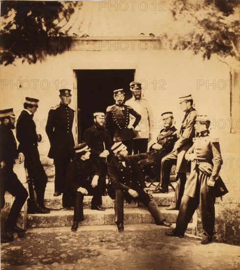Head Quarters staff: 1) Colonel Vico; 2) Major the Honourable Leicester Curzon; 3) Lord Burghersh; 4) Orderly; 5) Count Revel; 6) Mr. Calvert Interpreter; 7) Colonel Poulet[t] Somerset; 8) Colonel A. Hardinge; 9) Dr. Prendergast; 10) Commander Maxse; 11) Colonel Kingcote, Crimean War, 1853-1856, Roger Fenton historic war campaign photo