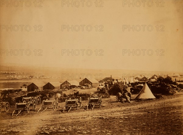Artillery waggons [i.e., wagons], view looking towards Balaclava, Crimean War, 1853-1856, Roger Fenton historic war campaign photo