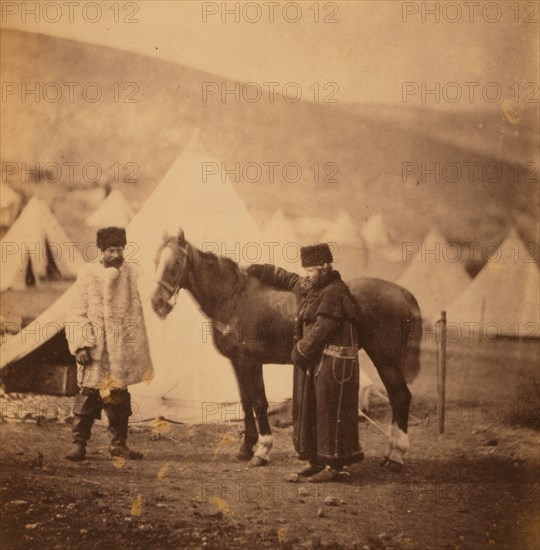 Colonel Lowe, [i.e., Low] 4th Light Dragoons & servant in winter dress, Crimean War, 1853-1856, Roger Fenton historic war campaign photo