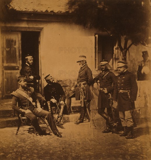 Major General Estcourt, Adj.-Gen. Major De Morel, Captain Thompson, Lieutenant-Colonel Blane, Major Kirkland, Lieutenant-Colonel the Honour[able] W.L. Pakenham, officers of his staff, Crimean War, 1853-1856, Roger Fenton historic war campaign photo