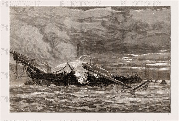 THE BURNING OF THE TRAINING SHIP "WARSPITE" OFF WOOLWICH, UK, 1876: SKETCHED ON THE DAY OF THE DISASTER