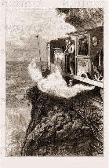 THE PRINCE OF WALES IN CEYLON, SRI LANKA, 1876: THE PRINCE RIDING ON A LOCOMOTIVE ENGINE OVER THE GHAUT, "SENSATION ROCK"