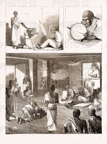 A BUDDHIST ORDINATION IN CEYLON, SRI LANKA, 1876: 1. The Candidate giving "Sil" (taking his vows) before his Gurunanse or Tutor. 2. The Maha Nayaka Unnanse, or Chief Priest. 3. The Candidate, Robed, taking the Vows in Presence of the Chapter