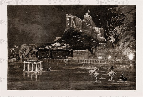 THE PRINCE OF WALES AT TRICHINOPOLY, 1876: THE "ROCK" ILLUMINATED, SEEN FROM THE PAVILION ERECTED FOR THE PRINCE