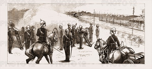 THE PRINCE OF WALES IN INDIA, 1876: ARRIVAL OF THE PRINCE AT TRICHINOPOLY RAILWAY STATION, FIRING A SALUTE