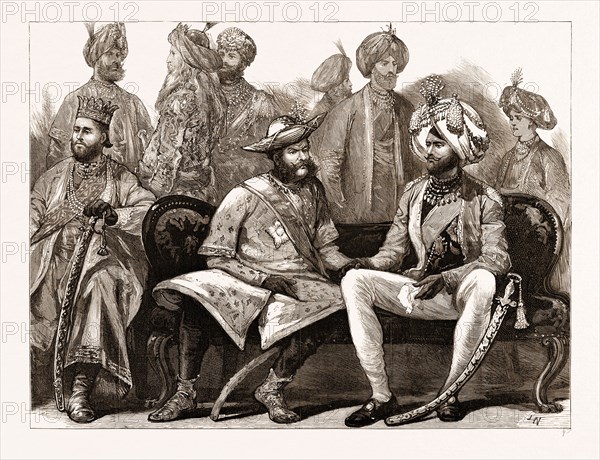 THE PRINCE OF WALES IN INDIA, 1876: AFTER THE ARRIVAL OF THE PRINCE, CALCUTTA, A GROUP OF NATICE PRINCES ON THE RECEPTION PLATFORM OF PRINSEP'S GHAUT, THE MAHARAJAH SCINDIAH