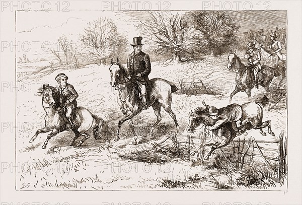 IN THE HUNTING FIELD, HOME FOR THE HOLIDAYS: TRYING HIS FIRST HURDLES, 1876