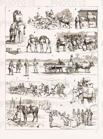 THE SHAM FIGHT BEFORE THE PRINCE OF WALES AT DELHI, INDIA, 1876: 1. Spectators. 2. Over the Wall. 3. A Baggage Camel. 4. Soldiers' Beer: Barrels and Cans for Drinking. 5. Mule Baggage Train. 6. Field Telegraph. 7. Taking up Fresh Position. 8. A Howdah. 9. A Rest. 10. A "Peg" on the Field.