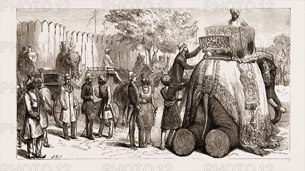 THE PRINCE OF WALES IN INDIA: THE PRINCE MOUNTING HIS ELEPHANT AT JEYPORE, 1876