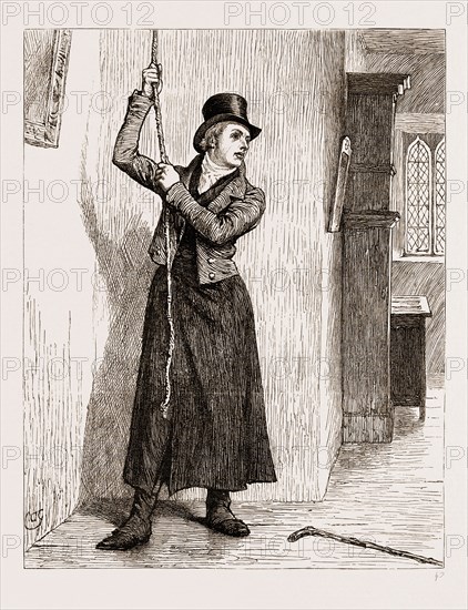 CRIPPS THE CARRIER, BY R.D. BLACKMORE, 1876. At the head of the staircase he turned, and remembered a quiet little corner. Here, in an out-of-the-way recess, the rope of the alarm bell hung; and he saw it, even in that niche, moving to and fro with the universal draught. Hardenow seized it, and rang such a peal as the old bell had never given tongue to before.