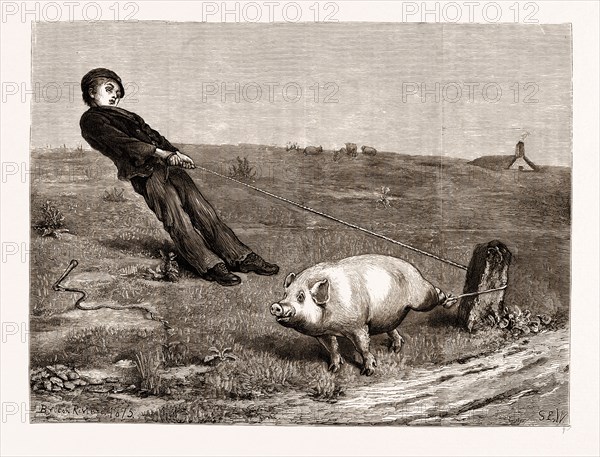 "A DOUBLE ENTENDRE", FROM THE PAINTING BY BRITON RIVIERE, 1876