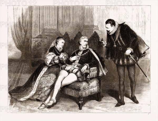 "QUEEN MARY" AT THE LYCEUM THEATRE, ACT III, SCENE VI.; PHILIP: By St. James I do protest, Upon the faith and honour of a Spaniard, I am vastly grieved to leave your Majesty. Simon, is supper ready?; LONDON, UK, 1876