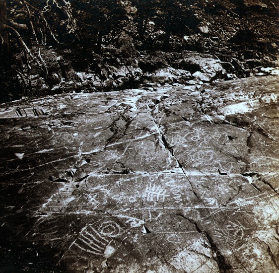 Hieroglyphic Rocks, on the Yuba River, near Crystal Lake. The Yuba River is a tributary of the Feather River in the Sacramento Valley of the U.S. state of California., Vintage photography