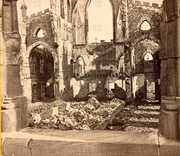 Interior of the Roman Catholic Cathedral, St. John and St. Finbar, Broad Street, Charleston, S.C., destroyed by the great fire of 1861, USA, US, Vintage photography