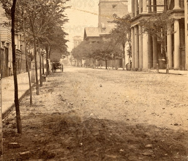 Meeting St., near Broad, Charleston, S.C., looking north. St. Michael's church in the middle distance, USA, US, Vintage photography