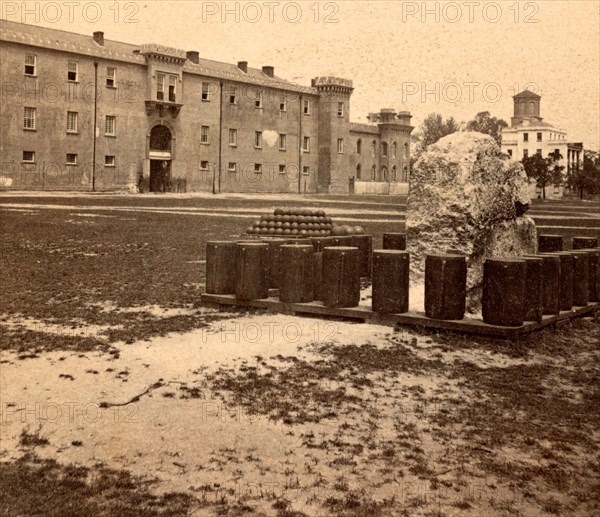 The Citadel and the Southern Military Academy, Charleston, S.C., the remains of the concrete wall built in the time of the Revolution, and 600 pound Blakely Solid Shot in the foreground, USA, US, Vintage photography