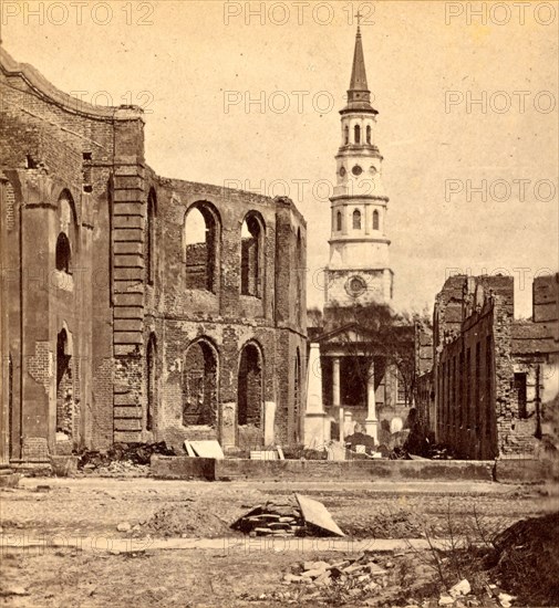 Meeting Street-Ruins of Secession Hall and Circular Church, with St. Phillips in distance, USA, US, Vintage photography
