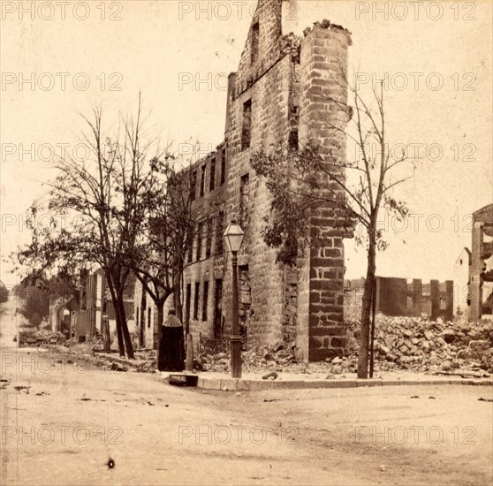 North-West corner public square, Chambersburg, Franklin Co., Pa., destroyed by the rebels under McCausland, July 30th, 1864, USA, US, Vintage photography
